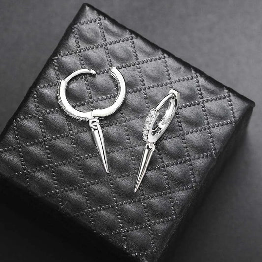 Silver Spiked Drop & Sparkling Crystal Hoop Earrings-Maryam Jewelry