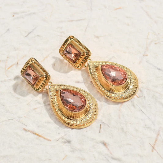 Vintage Gold Pink Gemstone Teardrop Earrings-Maryam Jewelry