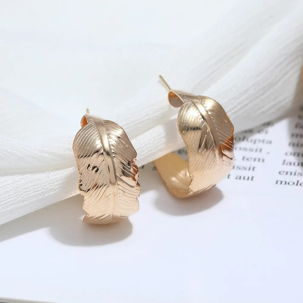 Vintage Gold Leaf Shaped Hoop Earrings-Maryam Jewelry