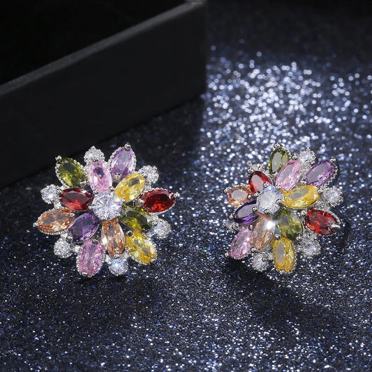 Silver Vintage Multi-Color Flower Earrings-Maryam Jewelry