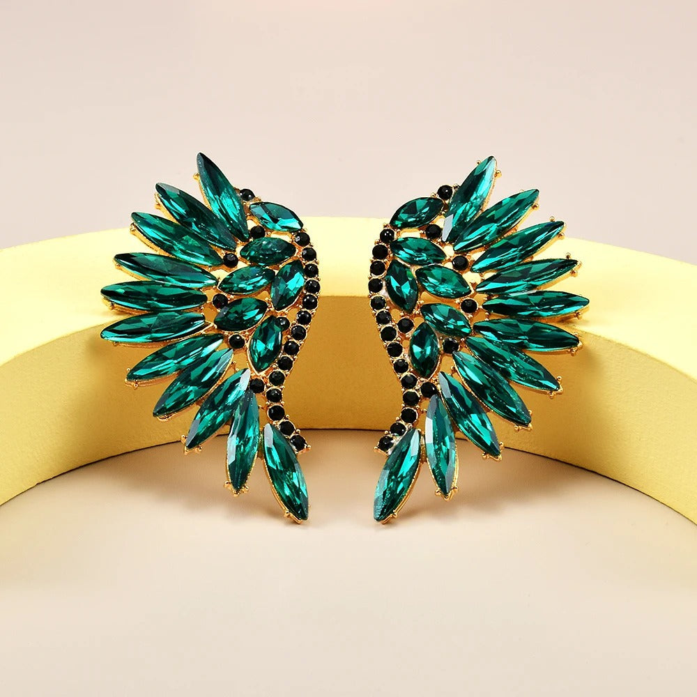 Vintage Gold & Teal Winged Crystal Earrings-Maryam Jewelry