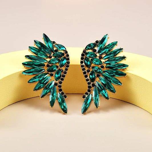 Vintage Gold & Teal Winged Crystal Earrings-Maryam Jewelry
