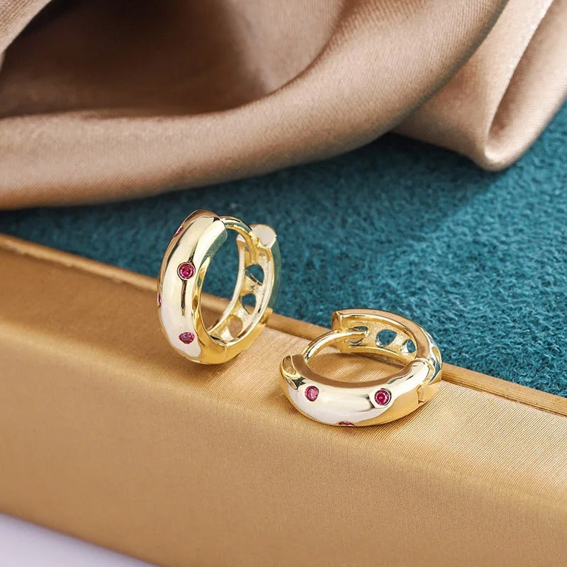 Vintage Gold Red Stone Huggie Earrings-Maryam Jewelry