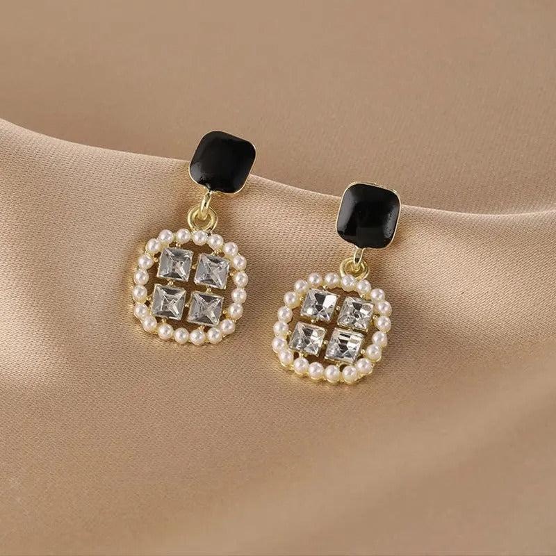 Pearl & Crystal Circle Square Dangle Earrings-Maryam Jewelry