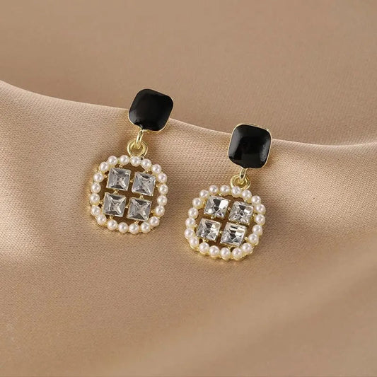 Pearl & Crystal Circle Square Dangle Earrings-Maryam Jewelry