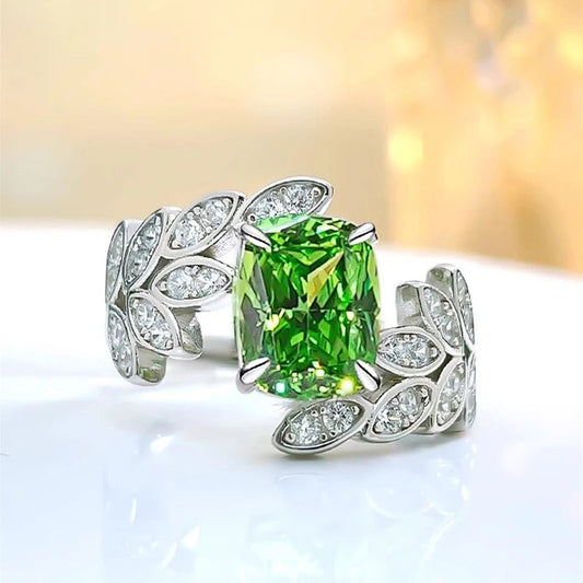 Green Crystal Leaf Pattern Silver Ring-Maryam Jewelry