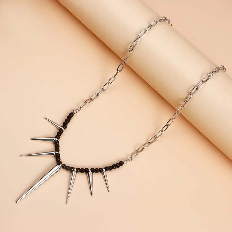 Silver Black Bead & Chain Link Spiked Necklace-Maryam Jewelry