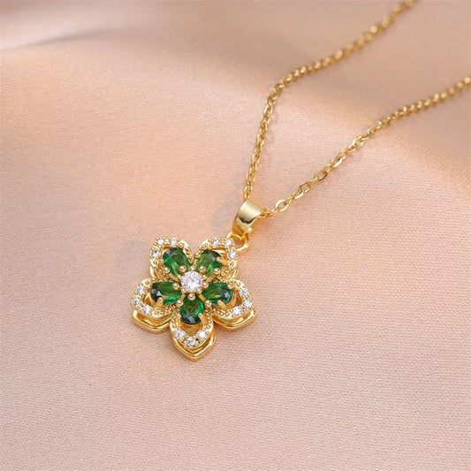 Vintage Gold Green Flower Pendant Necklace-Maryam Jewelry