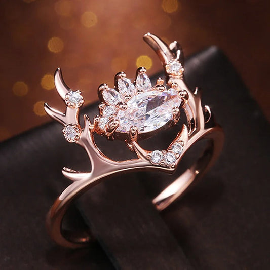 Rose Gold Antler Crown Marquise Ring-Maryam Jewelry
