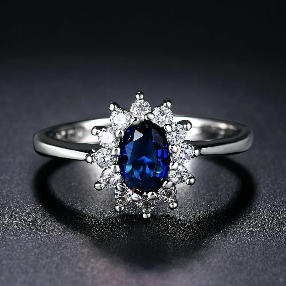 Silver Oval Blue Center Gemstone Halo Ring-Maryam Jewelry