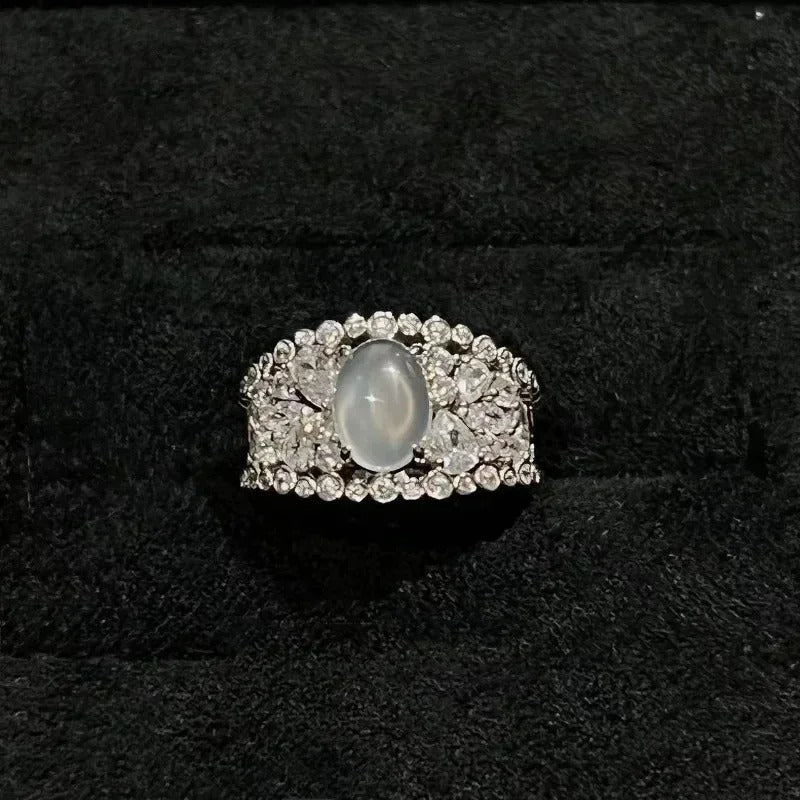 Classic Vintage Silver Moonstone Halo Ring-Maryam Jewelry
