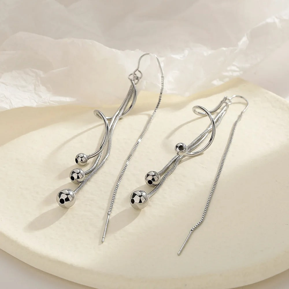 Vintage Silver Ball Long Drop Earrings-Maryam Jewelry