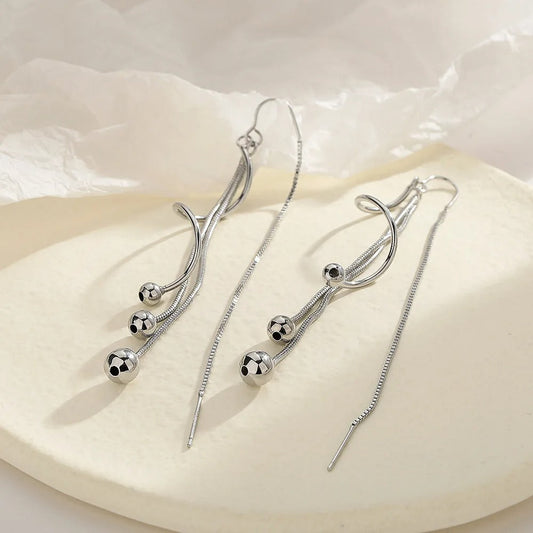 Vintage Silver Ball Long Drop Earrings-Maryam Jewelry