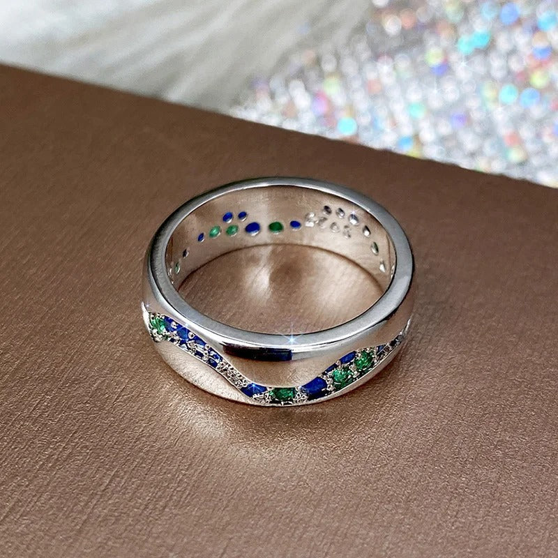Vintage Silver Blue & Green Stone Wave Ring-Maryam Jewelry