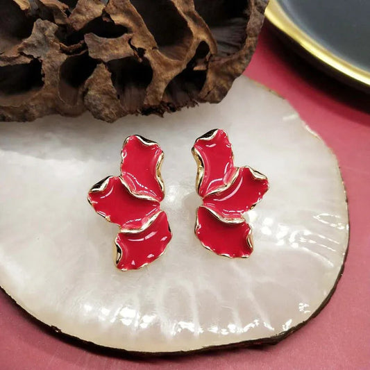 Vintage Gold Leaf Red Earrings-Maryam Jewelry