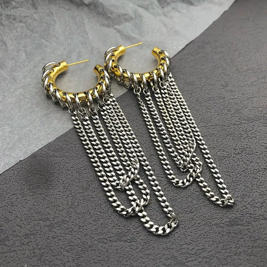 Gold & Silver Chain Drop Hoop Earrings-Maryam Jewelry