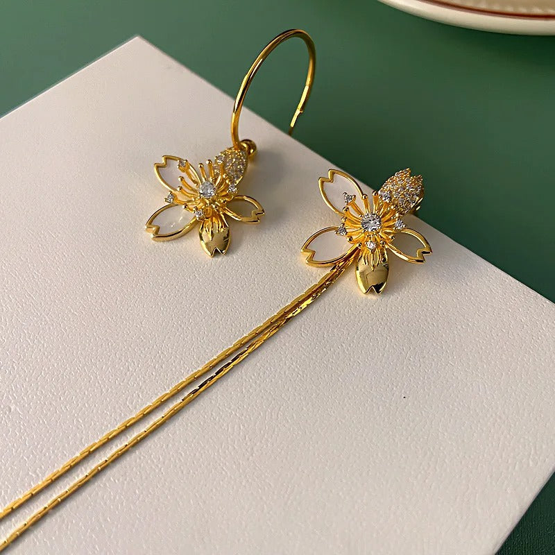 Vintage Gold Asymmetric Flower Tassel Earrings-Maryam Jewelry