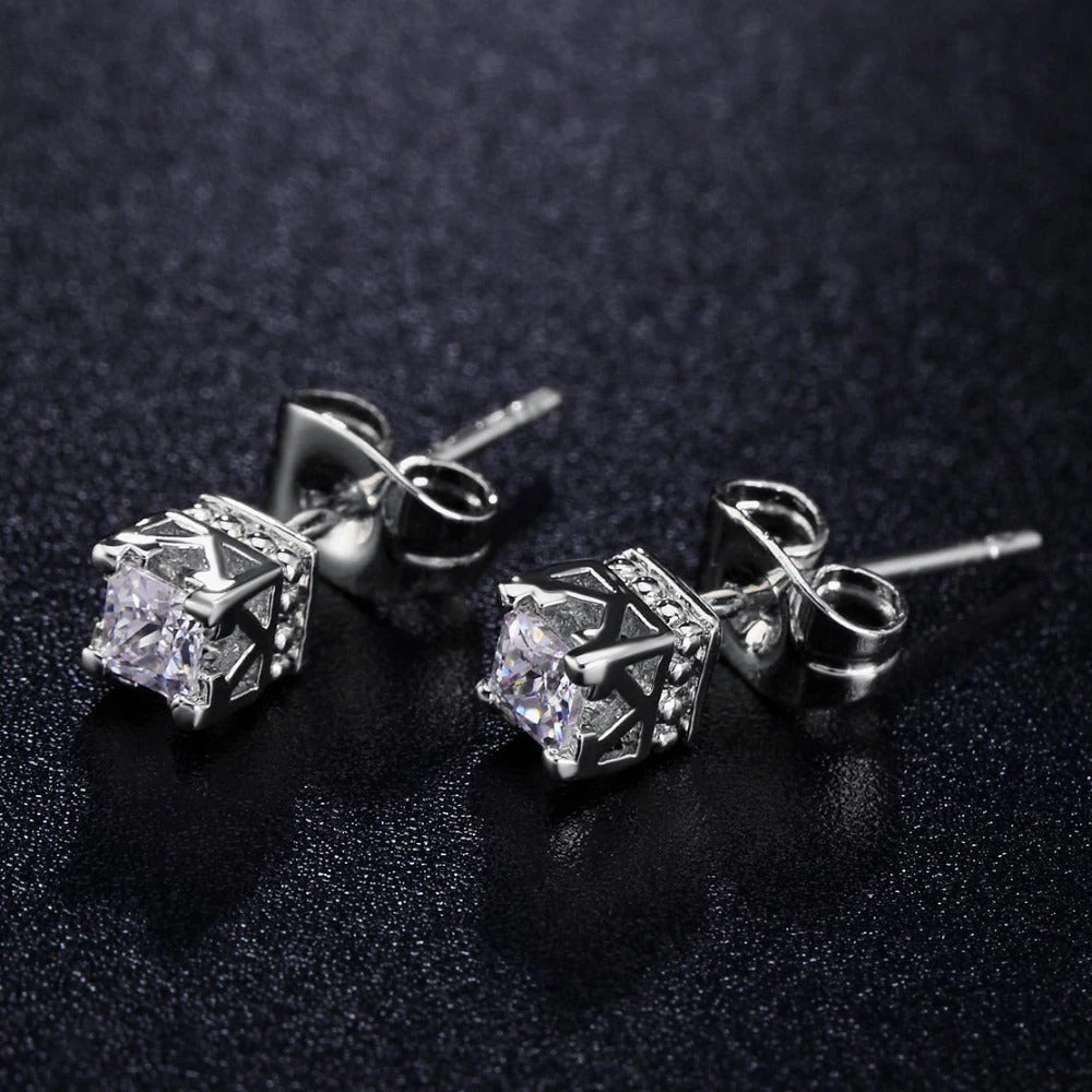 Timeless Silver Square Crystal & Crown Design Earrings-Maryam Jewelry