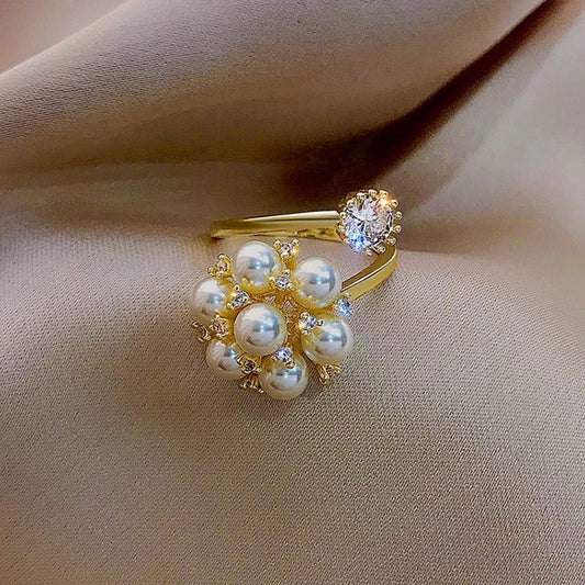 Vintage Pearl & Crystal Flower Adjustable Ring-Maryam Jewelry