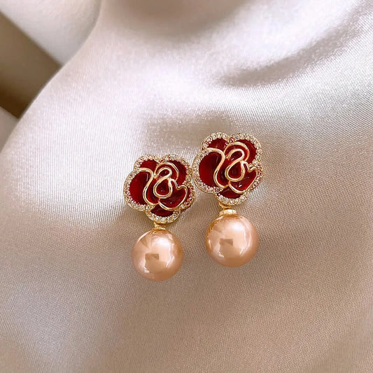Red Camellia Champagne Pearl Pendant Earrings-Maryam Jewelry