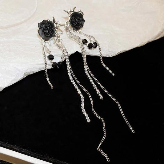 Silver Black Rose & Hanging Crystal Chains Earrings-Maryam Jewelry
