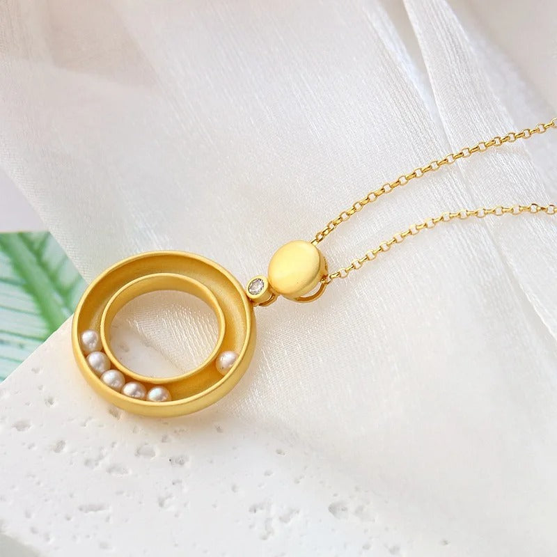 Classic Gold Matte Pearl & Circle Design Pendant Necklace-Maryam Jewelry
