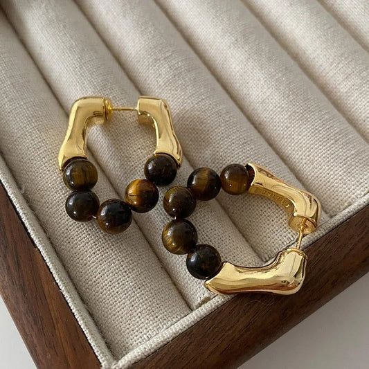 Vintage Gold & Tiger Eye Beaded Hoop Earrings-Maryam Jewelry
