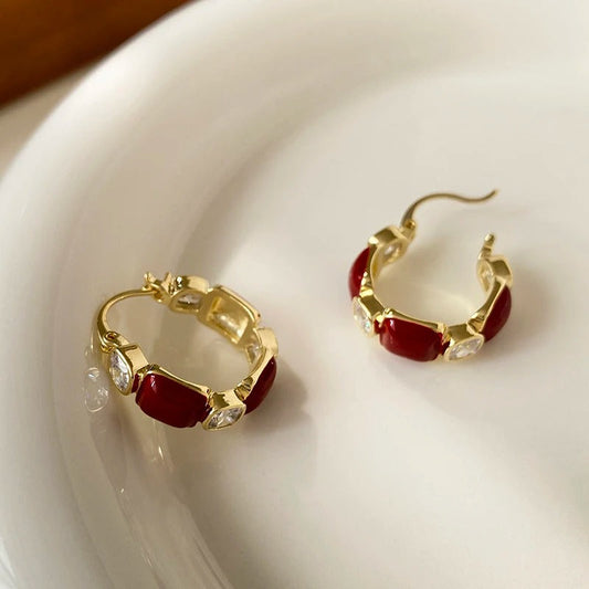 Vintage Gold & Red Stone Hoop Earrings-Maryam Jewelry