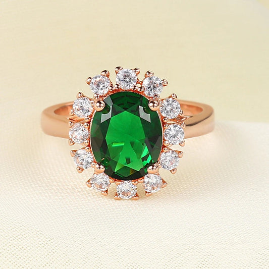 Classic Rose Gold Oval Green Stone & Brilliant Paved Halo Ring-Maryam Jewelry