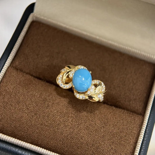 Retro Gold & Blue Stone Leaf Design Ring-Maryam Jewelry
