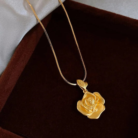 Vintage Gold Rose Pendant Necklace-Maryam Jewelry