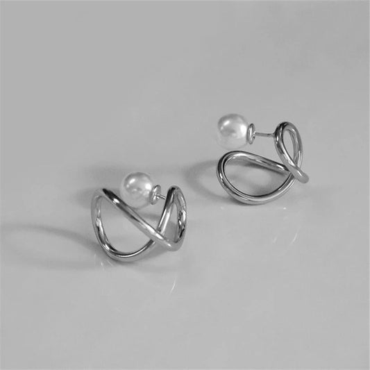 Classic Pearl Twisted Hoop Silver Band Earrings-Maryam Jewelry