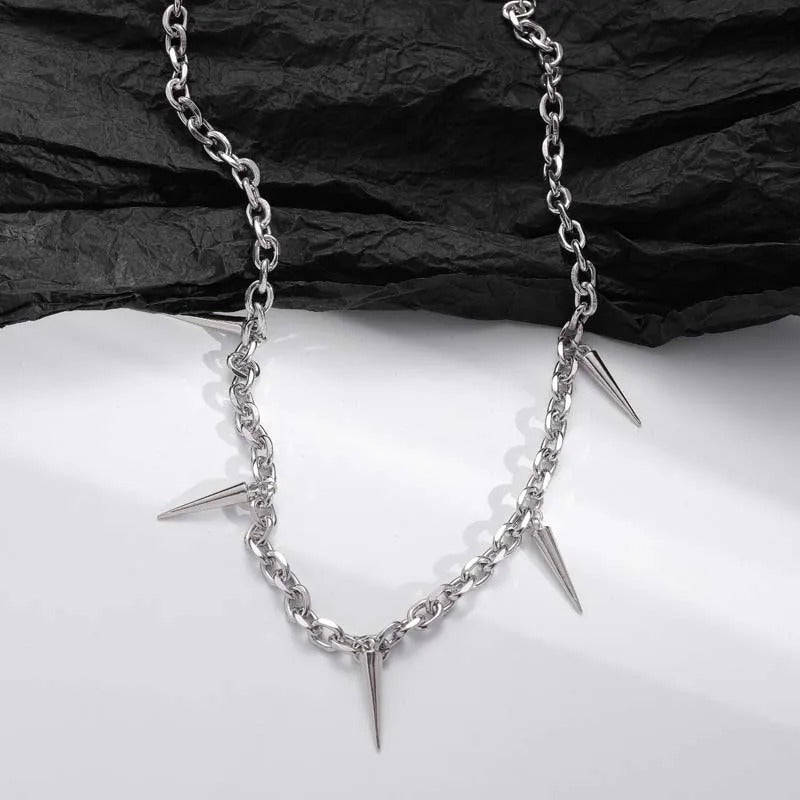 Silver Spiked Pendant & Chain Design Necklace-Maryam Jewelry