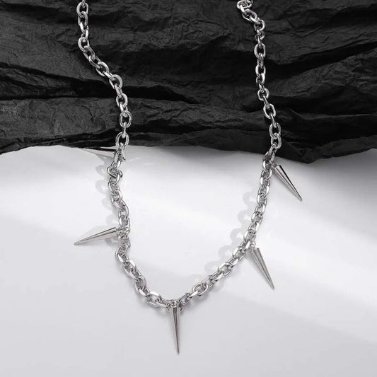 Silver Spiked Pendant & Chain Design Necklace-Maryam Jewelry