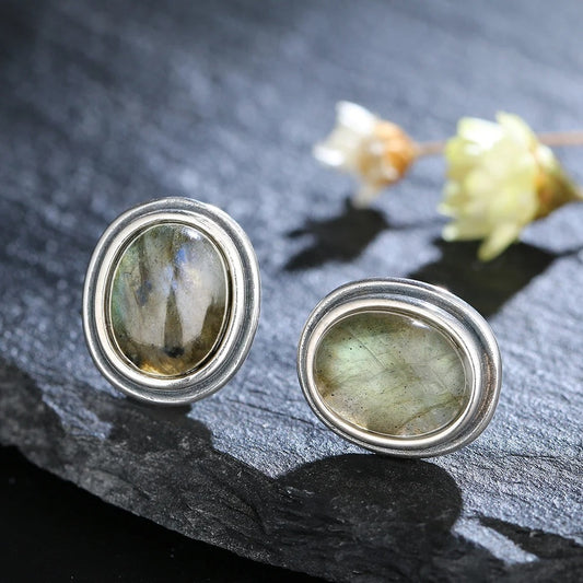 Vintage Silver Labradorite Stud Earrings-Maryam Jewelry