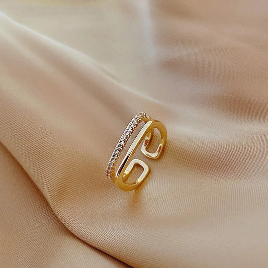 Gold Double Band & Crystal Adjustable Ring-Maryam Jewelry