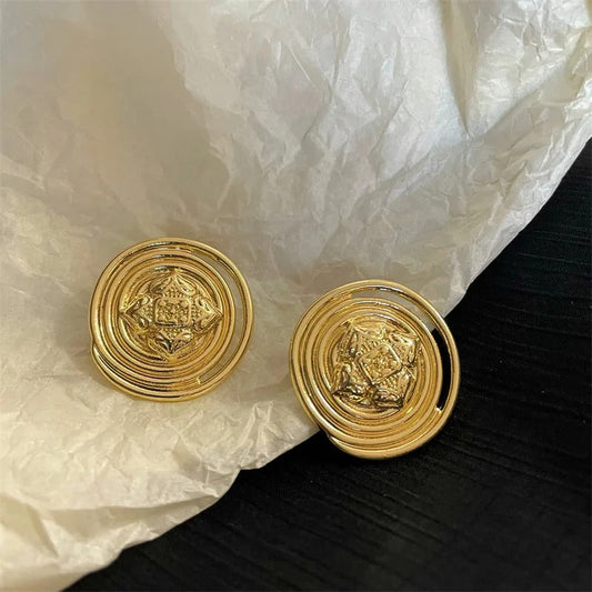 Gold Spiral Circular Stud Vintage Earrings-Maryam Jewelry