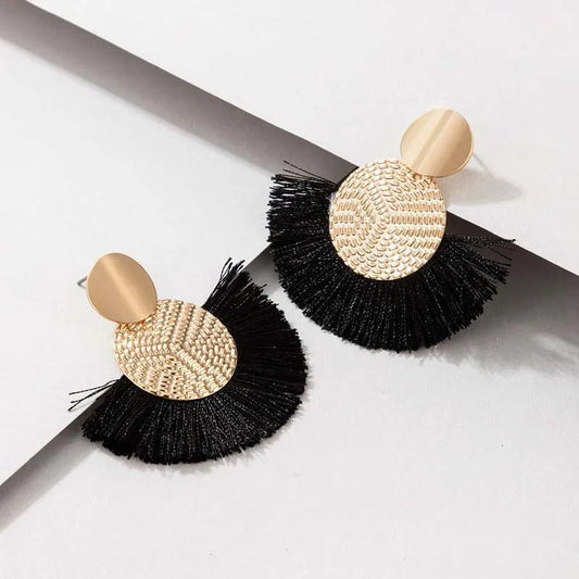 Vintage Gold & Black Fringe Textured Disc Dangle Earrings-Maryam Jewelry