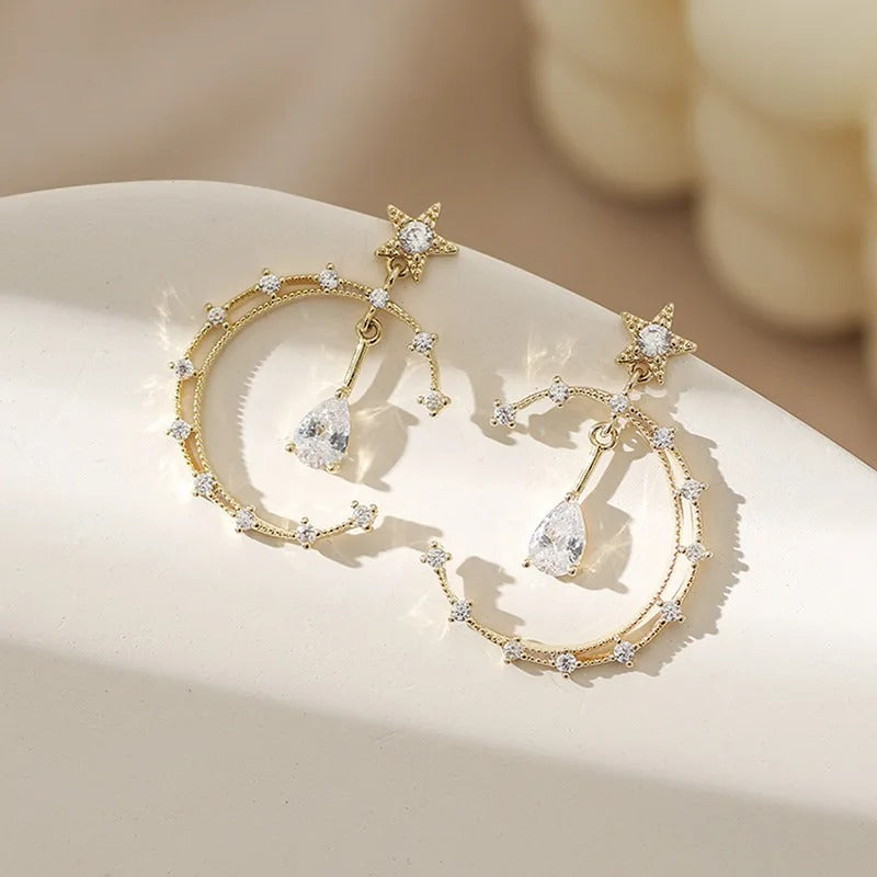Vintage Gold Crystal Crescent & Star Earrings-Maryam Jewelry