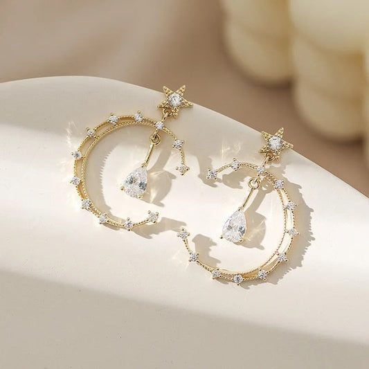 Vintage Gold Crystal Crescent & Star Earrings-Maryam Jewelry