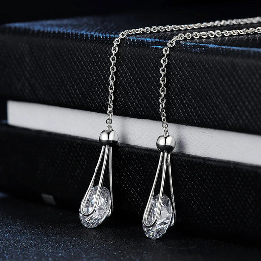 Classic Silver Chain Sparkling Crystal Teardrop Earrings-Maryam Jewelry