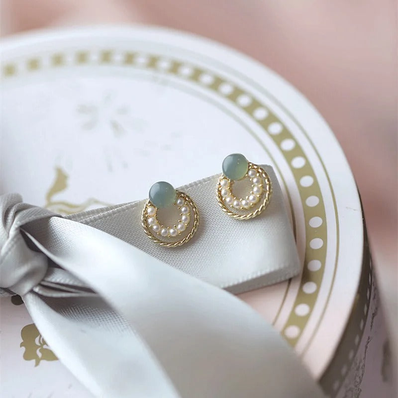 Vintage Gold Green Stone Pearl Earrings-Maryam Jewelry