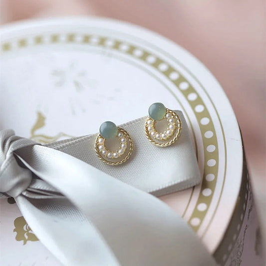 Vintage Gold Green Stone Pearl Earrings-Maryam Jewelry