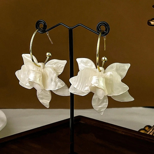 White Flower Hoop Gold Earrings-Maryam Jewelry