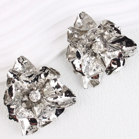 Vintage Silver Big Flower Crystal Earrings-Maryam Jewelry