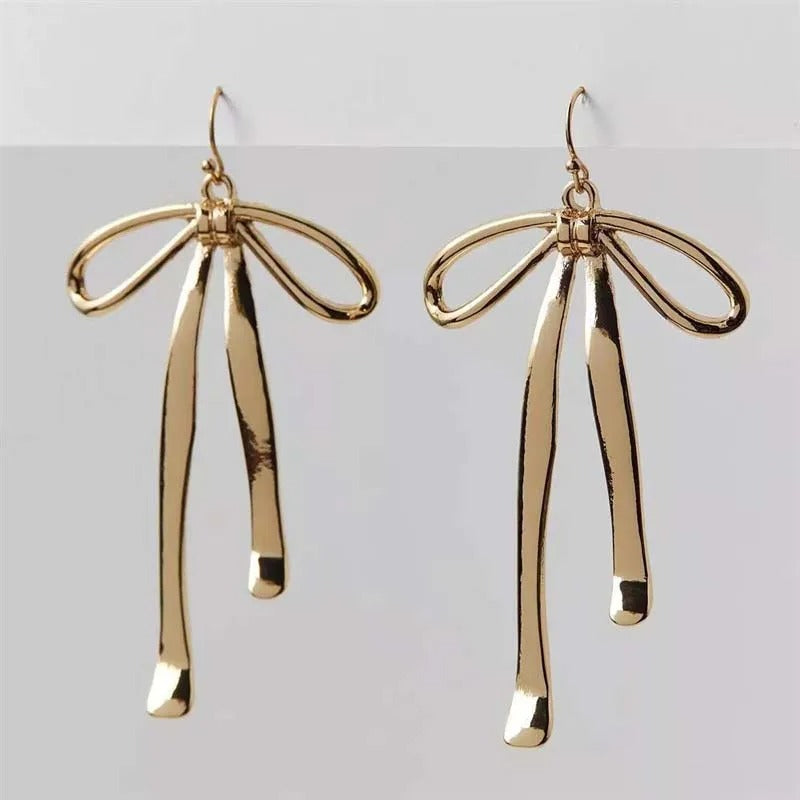 Vintage Gold Bow Long Dangle Earrings-Maryam Jewelry