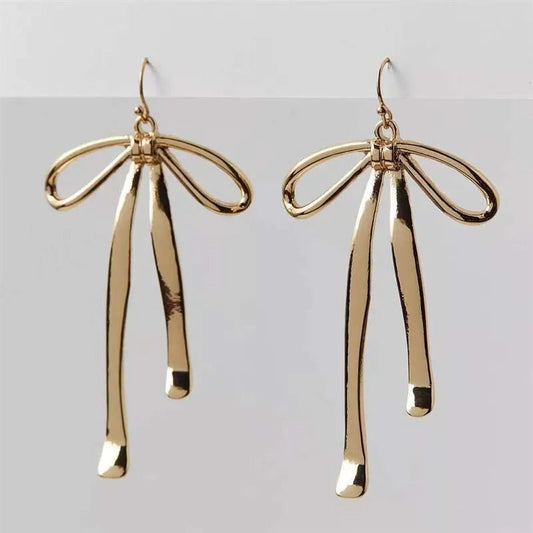 Vintage Gold Bow Long Dangle Earrings-Maryam Jewelry