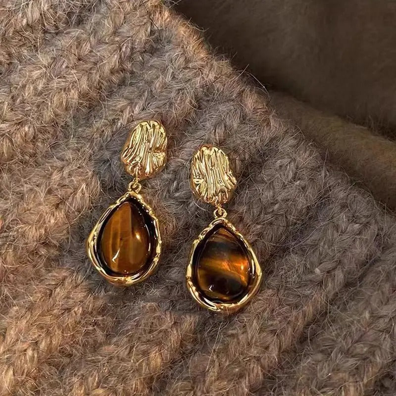 Vintage Gold Amber Brown Dangle Earrings-Maryam Jewelry