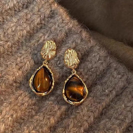 Vintage Gold Amber Brown Dangle Earrings-Maryam Jewelry