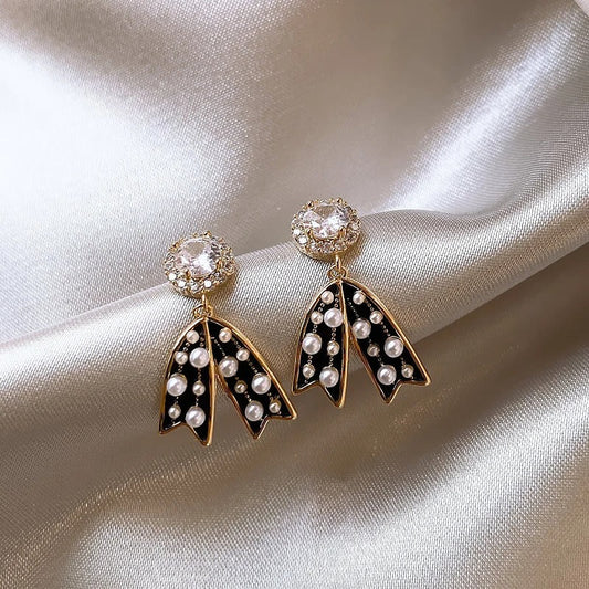 Vintage Black Bow Pearl Pendant Earrings-Maryam Jewelry